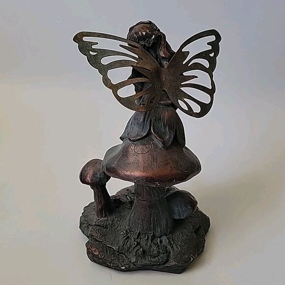 Bronze Resin Seated Fairy Atop Mushroom Caps Figurine Enchanted Fantasy Magical - Picture 3 of 11